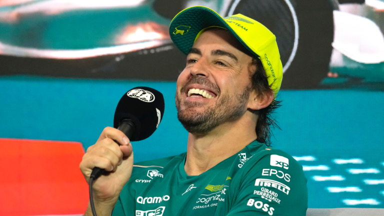 Aston Martin driver Fernando Alonso, of Spain, responds to a question during a news conference after the Formula One Miami Grand Prix auto race, Sunday, May 7, 2023, at Miami International Autodrome in Miami Gardens, Fla. (AP Photo/Lynne Sladky)