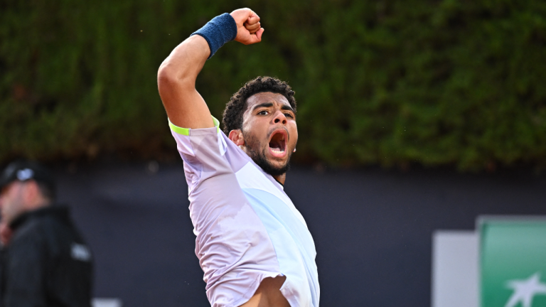 Arthur Fils during his first round match at the International BNL, in Roma , Italy, on May, 10, 2023. (Corinne Dubreuil/ABACAPRESS.COM)