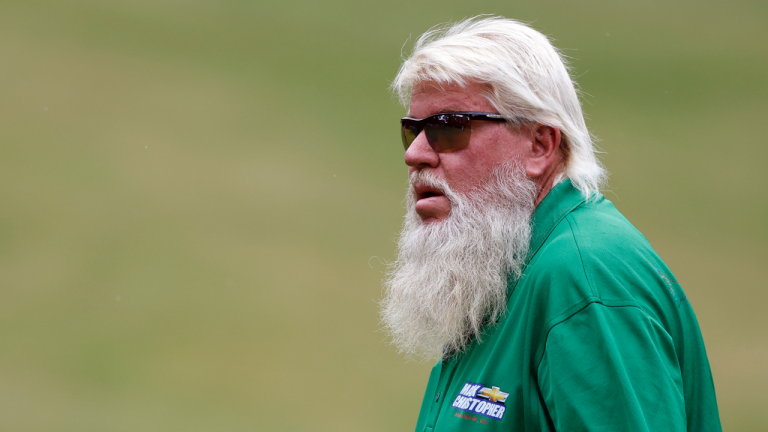 John Daly waits to putt on the second hole during the first round of a Champions Tour golf tournament, Thursday, May 11, 2023, in Hoover, Ala. (AP Photo/Butch Dill)