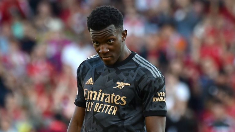 Arsenal's Eddie Nketiah looks on during the English Premier League soccer match between Nottingham Forest and Arsenal at City ground in Nottingham, England, Saturday, May 20, 2023. (Rui Vieira/AP) 