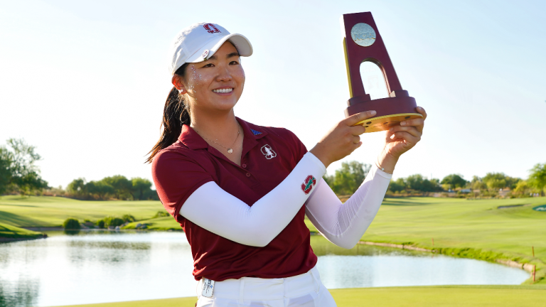 Stanford golfer Rose Zhang holds the champions trophy after the final round of the NCAA college women's golf championship at Grayhawk Golf Club, Monday, May 22, 2023, in Scottsdale, Ariz. (AP Photo/Matt York)