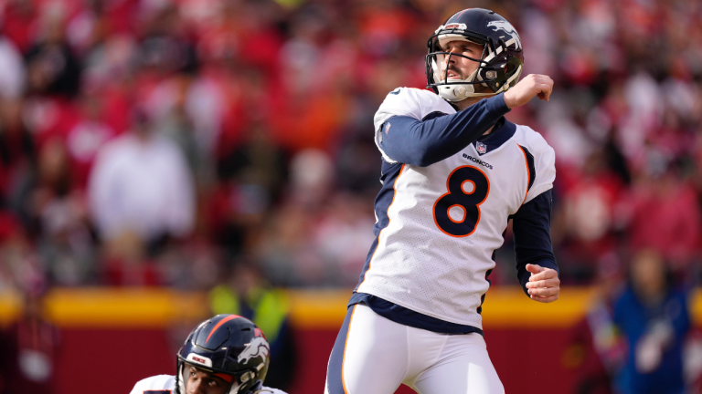 FILE - Denver Broncos place kicker Brandon McManus watches his 49-yard field goal during the first half of an NFL football game against the Kansas City Chiefs, Sunday, Jan. 1, 2023, in Kansas City, Mo. The Broncos severed ties with McManus on Tuesday, May 23, 2023, releasing the last holdover player from the team that captured Super Bowl 50. (AP Photo/Charlie Riedel, File)