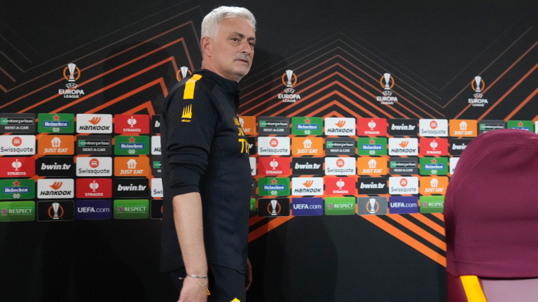 Roma's head coach Jose Mourinho arrives for the press conference during a media day ahead of the Europa League soccer final, at the Trigoria training centre, in Rome, Thursday, May 25, 2023. Roma will play an Europa League final against Sevilla in Budapest, Hungary, next Wednesday, May 31. (AP Photo/Andrew Medichini)