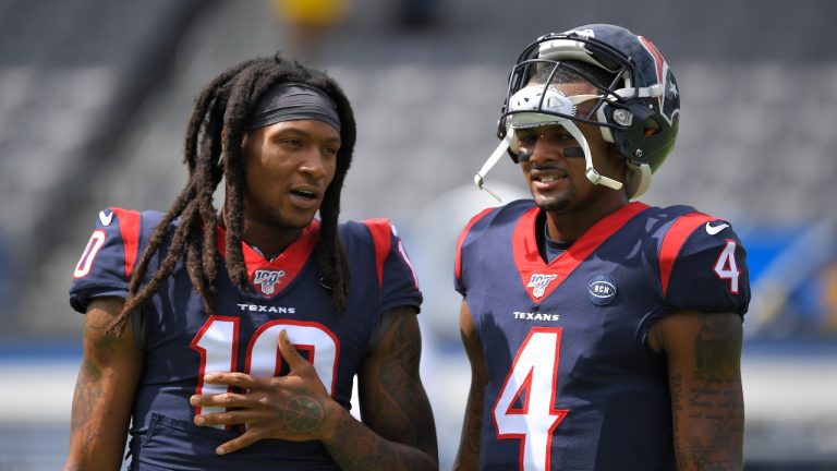 Houston Texans wide receiver DeAndre Hopkins. left, talks with quarterback Deshaun Watson before an NFL football game against the Los Angeles Chargers Sunday, Sept. 22, 2019, in Carson, Calif. Watson , now with the Cleveland Browns, said Tuesday, May 30, 2023, that he has spoken to Hopkins, his close friend and former Houston teammate, and encouraged the five-time Pro Bowl wide receiver to consider a reunion. Hopkins is a free agent after the Arizona Cardinals released him last week. (AP Photo/Mark J. Terrill, File)