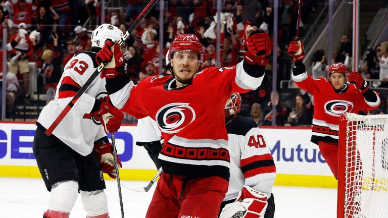 Carolina Hurricanes' Jesper Fast (71) celebrates his overtime goal against the New Jersey Devils in Game 5 of an NHL hockey Stanley Cup second-round playoff series in Raleigh, N.C., Thursday, May 11, 2023. (Karl B DeBlaker/AP)