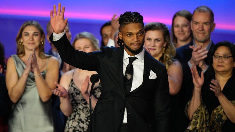 Buffalo Bills' Damar Hamlin speaks in front of University of Cincinnati Medical Center staff during the NFL Honors award show ahead of the Super Bowl 57 football game,Thursday, Feb. 9, 2023, in Phoenix. (David J. Phillip/AP)