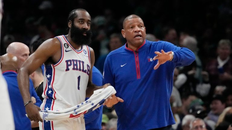 Philadelphia 76ers guard James Harden (1) talks with head coach Doc Rivers during Game 2 in the NBA basketball Eastern Conference semifinals playoff series, Wednesday, May 3, 2023, in Boston. (Charles Krupa/AP)