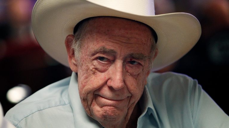 Doyle Brunson plays on the third day of the World Series of Poker main event in Las Vegas on July 11, 2013. Brunson, one of the most influential poker players of all time and a two-time world champion, died Sunday, May 14, 2023, according to his agent. He was 89. (John Locher/Las Vegas Review-Journal via AP, File)