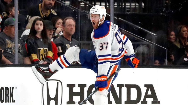 Edmonton Oilers center Connor McDavid (97) celebrates after scoring against the Vegas Golden Knights during the first period of Game 2 of an NHL hockey Stanley Cup second-round playoff series Saturday, May 6, 2023, in Las Vegas. (Steve Marcus/Las Vegas Sun via AP)