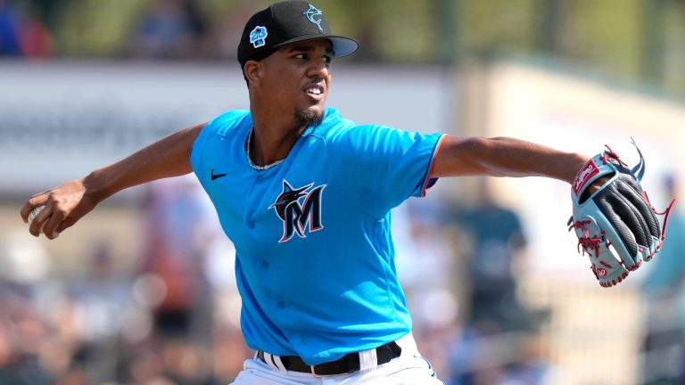 Miami Marlins relief pitcher Eury Perez throws during the sixth inning of a spring training baseball game against the New York Mets, Saturday, March 4, 2023, in Jupiter, Fla. (Lynne Sladky/AP)