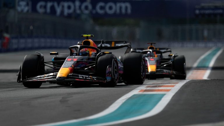Red Bull driver Sergio Perez, left, of Mexico, is pursued by Red Bull driver Max Verstappen, of the Netherlands, during the Formula One Miami Grand Prix auto race at Miami International Autodrome in Miami Gardens, Fla., Sunday, May 7, 2023. (Rebecca Blackwell/AP)