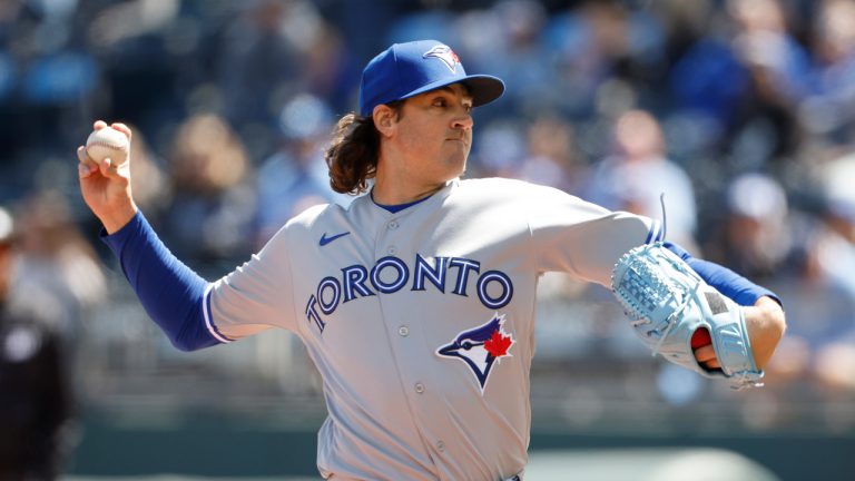 Toronto Blue Jays pitcher Kevin Gausman throws to a Kansas City Royals batter during the first inning of a baseball game in Kansas City, Mo., Thursday, April 6, 2023. (Colin E. Braley/AP)