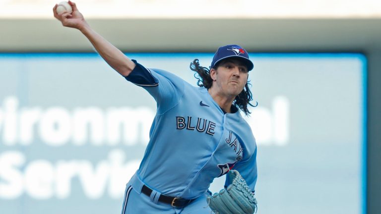 Toronto Blue Jays starting pitcher Kevin Gausman throws to a Minnesota Twins batter during the first inning of a baseball game Friday, May 26, 2023, in Minneapolis. (Bruce Kluckhohn/AP)