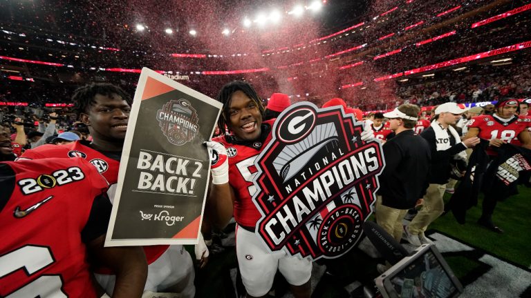 Georgia players celebrate a win over TCU after the national championship NCAA College Football Playoff game, Monday, Jan. 9, 2023, in Inglewood, Calif. Georgia won 65-7. (Ashley Landis/AP)