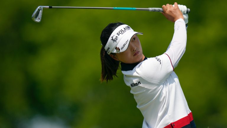 Jin Young Ko, of South Korea, hits off the 15th tee during the first round of the LPGA Cognizant Founders Cup golf tournament, Thursday, May 11, 2023, in Clifton, N.J. (Seth Wenig/AP)