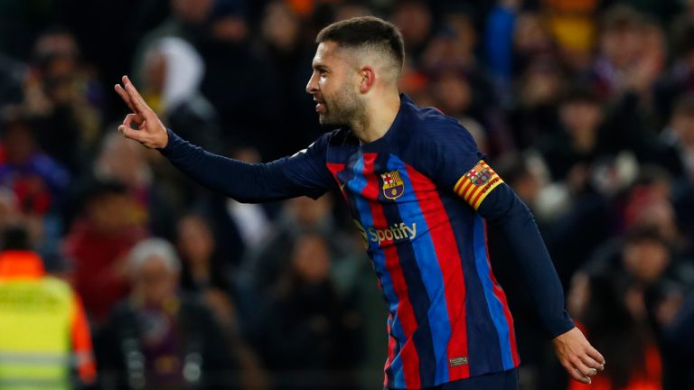 Barcelona's Jordi Alba celebrates with his teammates after scoring his side's opening goal during a Spanish La Liga soccer match between Barcelona and Sevilla at the Camp Nou stadium in Barcelona, Spain, Sunday, Feb. 5, 2023. (Joan Monfort/AP)