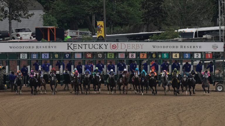 Horses leave the starting gate during the 149th running of the Kentucky Derby horse race at Churchill Downs Saturday, May 6, 2023, in Louisville, Ky. (Charlie Riedel/AP)