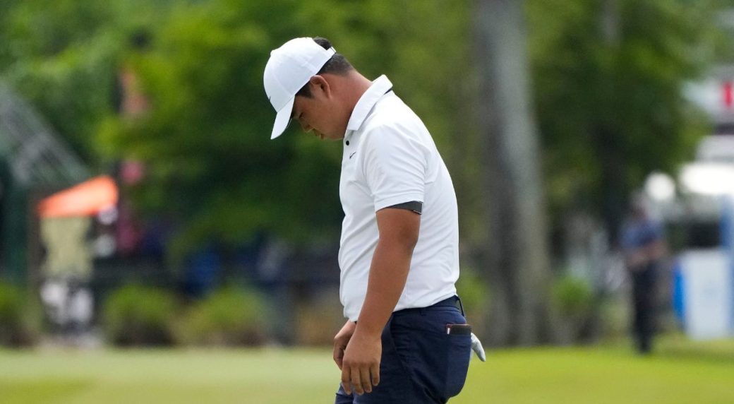 Tom Kim emerges muddy after failed attempt to retrieve ball at PGA