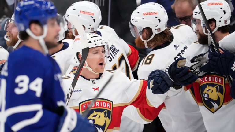 Florida Panthers defenceman Gustav Forsling (42) celebrates his goal against the Toronto Maple Leafs with teammates during second period NHL second round playoff hockey action in Toronto on Thursday May 4, 2023. (Frank Gunn/CP)