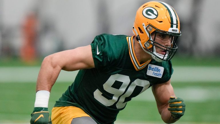 Green Bay Packers' Lukas Van Ness runs a drill during an NFL football rookie mini camp practice session Friday, May 5, 2023, in Green Bay, Wis. (Morry Gash/AP)