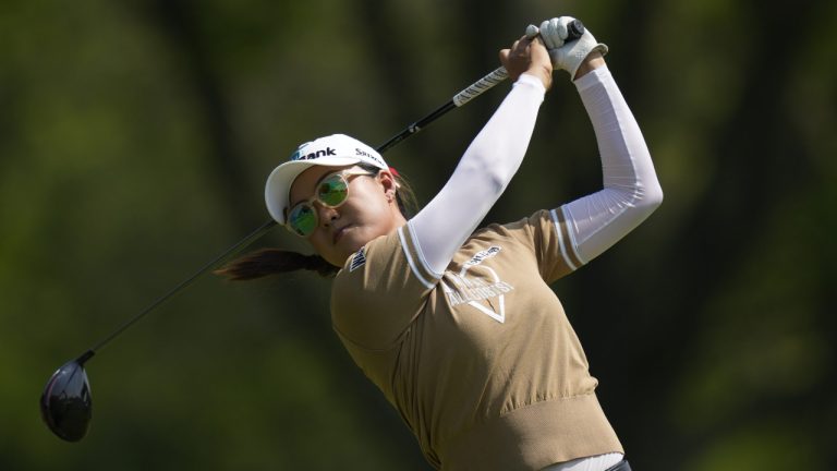 Minjee Lee of Australia hits off the 16th tee during the first round of the LPGA Cognizant Founders Cup golf tournament, Thursday, May 11, 2023, in Clifton, N.J. (Seth Wenig/AP)
