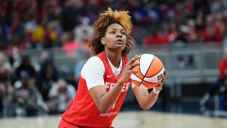 Indiana Fever forward NaLyssa Smith (1) in action as the Connecticut Sun played the Indiana Fever during a WNBA basketball game, Friday, May 19, 2023, in Indianapolis. (AJ Mast/AP)