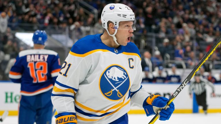 Buffalo Sabres right wing Kyle Okposo reacts after scoring a goal against the New York Islanders during the third period of an NHL hockey game, Saturday, March 25, 2023, in Elmont, N.Y. The Sabres won 2-0.(Mary Altaffer/AP)