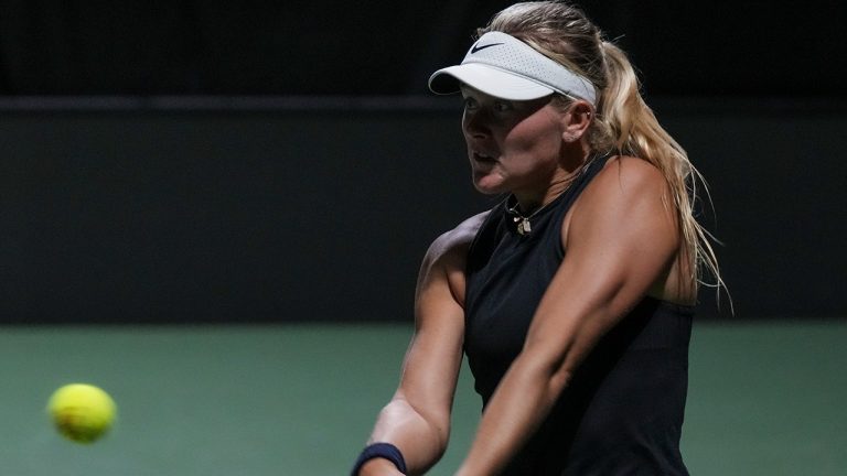 Peyton Stearns returns the ball during her ATX Open tennis match against Mirjam Bjorklund at the Westwood Country Club in Austin, Texas, Wednesday, March 1, 2023. Stearns is playing in the French Open for the first time and now the 21-year-old American is into the third round after knocking off 2017 champion Jelena Ostapenko. Stearns used her big forehand to put together the 6-3, 1-6, 6-2 victory on Wednesday, May 31, 2023. (Mikala Compton/AP)