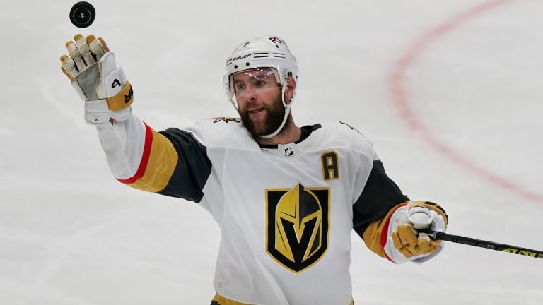 Vegas Golden Knights defenceman Alex Pietrangelo (7) reaches for the puck during the third period of an NHL hockey game against the Dallas Stars in Dallas, Saturday, April 8, 2023. (LM Otero/AP)