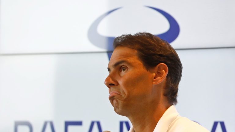 Spain's Rafael Nadal reacts during a press conference at his tennis academy in Manacor, Mallorca, Spain, Thursday May 18, 2023. Nadal announced that he is pulling out of the French Open because of a lingering hip injury and he expects 2024 to be the final season of his career. (Francisco Ubilla/AP)