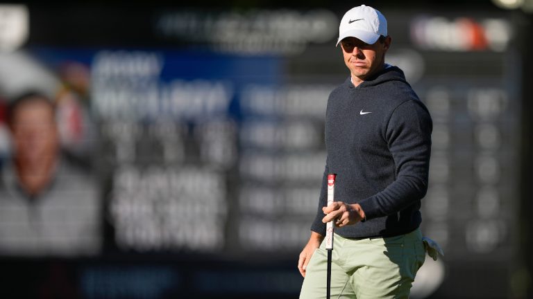 Rory McIlroy, of Northern Ireland, watches his putt on the 13th hole during first round of the Wells Fargo Championship golf tournament at the Quail Hollow Club on Thursday, May 4, 2023, in Charlotte, N.C. (Chris Carlson/AP)