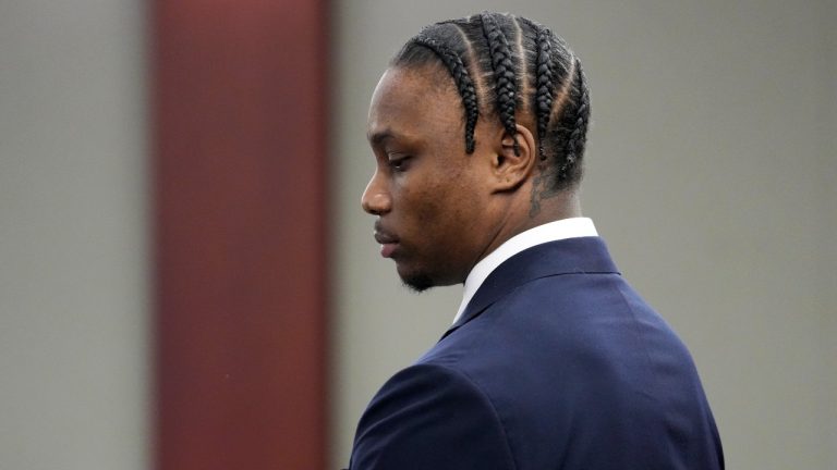 Former Las Vegas Raiders player Henry Ruggs appears in court Wednesday, May 10, 2023, in Las Vegas. Ruggs plead guilty to driving his car drunk before causing a fiery crash that killed a woman. (John Locher/AP)