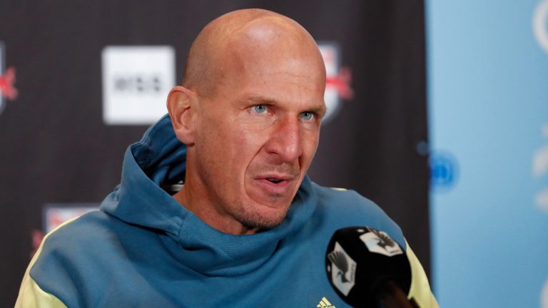 New York Red Bulls head coach Gerhard Struber speaks with the media after an MLS soccer game against Minnesota United. (Bruce Kluckhohn/AP)