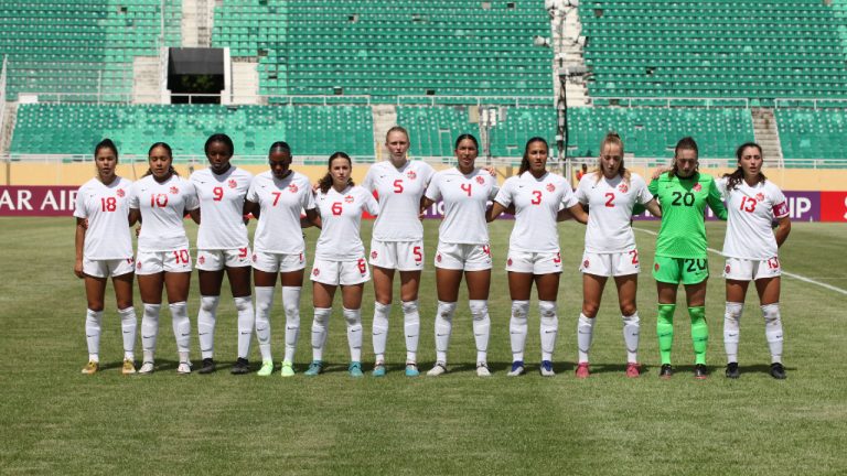 The Canadian U20 women team members, Jeneva Hernandez-Gray, Olivia Smith, Annabelle Chukwu, Amanda Allen, Thaea Mouratidis, Clare Logan, Zoe Markesini, Ella Otte, Mya Archibald
Faith Fenwick, and Florianne Jourde are shown before their opening match Friday, May 26, 2023, against Jamaica at the CONCACAF Women’s Under-20 Championship.
(CP/HO-Canada Soccer)