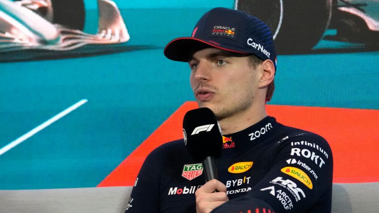 Red Bull driver Max Verstappen, of the Netherlands, speaks during a news conference after the Formula One Miami Grand Prix auto race, Sunday, May 7, 2023, at the Miami International Autodrome in Miami Gardens, Fla. (Lynne Sladky/AP)