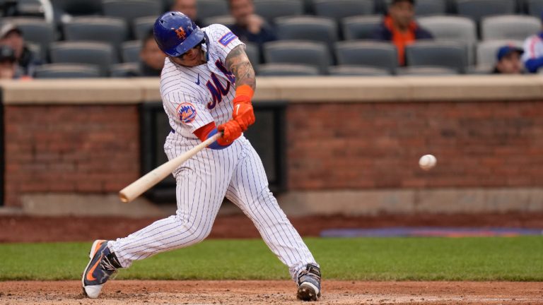 New York Mets' Francisco Alvarez hits a two-run double during the sixth inning of the second baseball game of a doubleheader against the Atlanta Braves at Citi Field, Monday, May 1, 2023, in New York. (Seth Wenig/AP)