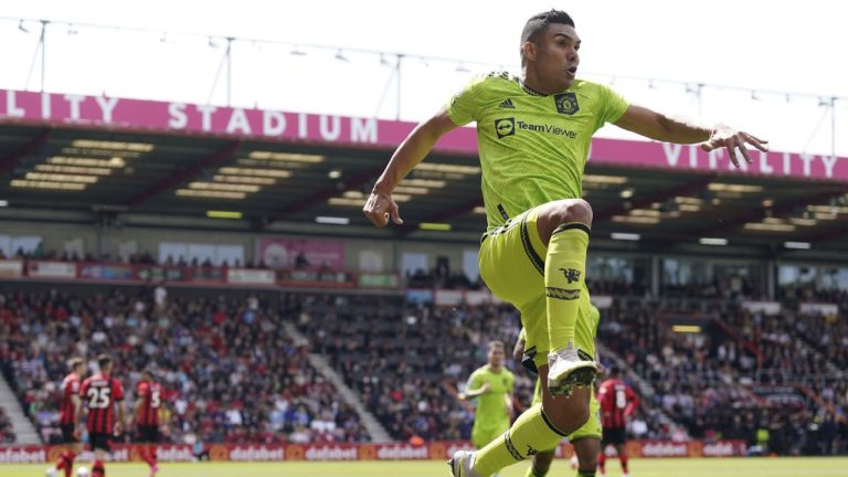 Manchester United's Casemiro celebrates scoring their side's first goal of the game during the English Premier League soccer match between Manchester United and Bournemouth at the Vitality Stadium, Bournemouth, Saturday May 20, 2023. (Adam Davy/PA via AP)
