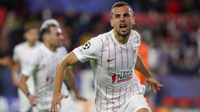 Sevilla's Joan Jordan reacts during the Champions League group G soccer match between Sevilla and Wolfsburg at the Ramon Sanchez Pizjuan stadium in Seville, Spain, on Nov. 23, 2021. The Spanish league and Sevilla denounced an apparent hate act by unknown persons against Sevilla player Joan Jordan on Saturday, May 20, 2023 the day before the Seville city derby with Real Betis. (Miguel MorenattiAP)