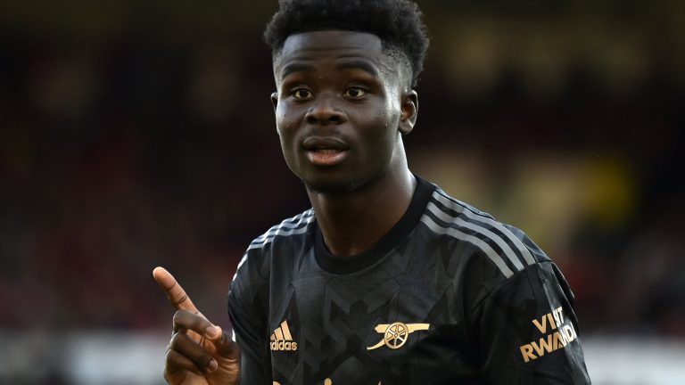 Arsenal's Bukayo Saka gestures during the English Premier League soccer match between Nottingham Forest and Arsenal at City ground in Nottingham, England, Saturday, May 20, 2023. (Rui Vieira/AP)