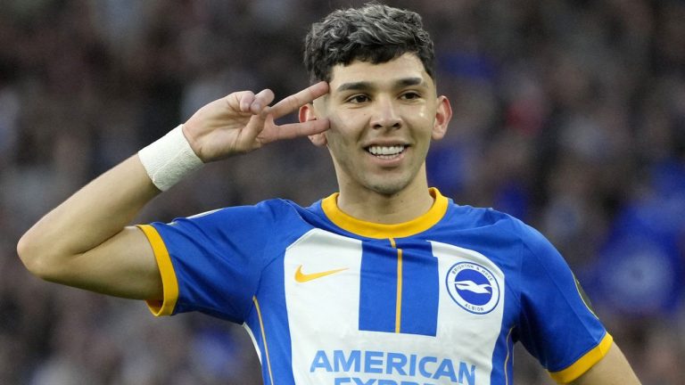 Brighton's Julio Enciso celebrates after scoring his sides first goal during the English Premier League soccer match between Brighton and Hove Albion and Manchester City at the AMEX stadium in Brighton. (Kirsty Wigglesworth/AP)
