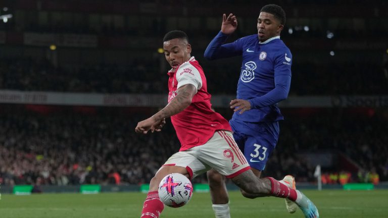 Arsenal's Gabriel Jesus is challenged by Chelsea's Wesley Fofana, right, during the English Premier League soccer match between Arsenal and Chelsea at the Emirates Stadium in London, Tuesday, May 2, 2023. (Kin Cheung/AP)