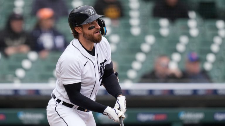 Detroit Tigers designated hitter Eric Haase watches his two-run RBI to center during the eighth inning in the first game of a baseball doubleheader against the New York Mets, Wednesday, May 3, 2023, in Detroit. (Carlos Osorio/AP)