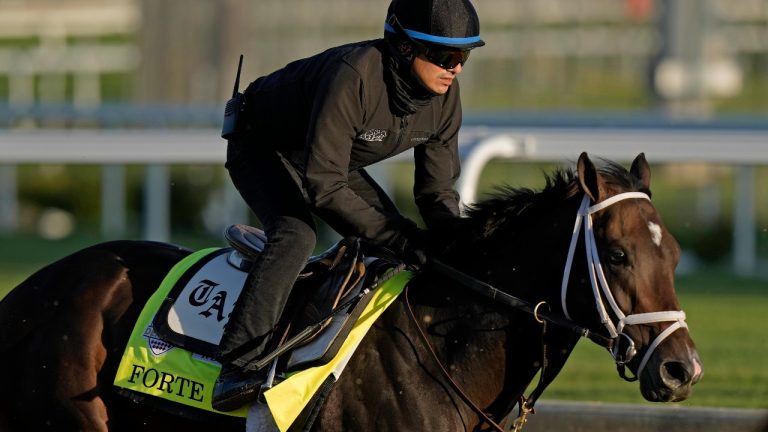 Kentucky Derby hopeful Forte works out at Churchill Downs Tuesday, May 2, 2023, in Louisville, Ky. The 149th running of the Kentucky Derby is scheduled for Saturday, May 6. (Charlie Riedel/AP Photo)