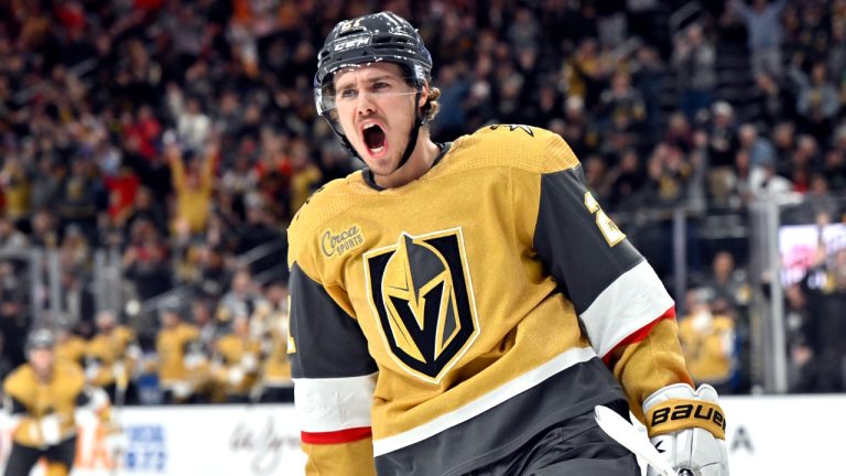 Vegas Golden Knights center Brett Howden reacts after scoring a goal against the Minnesota Wild during the second period of an NHL hockey game Saturday, April 1, 2023, in Las Vegas. (David Becker/AP)