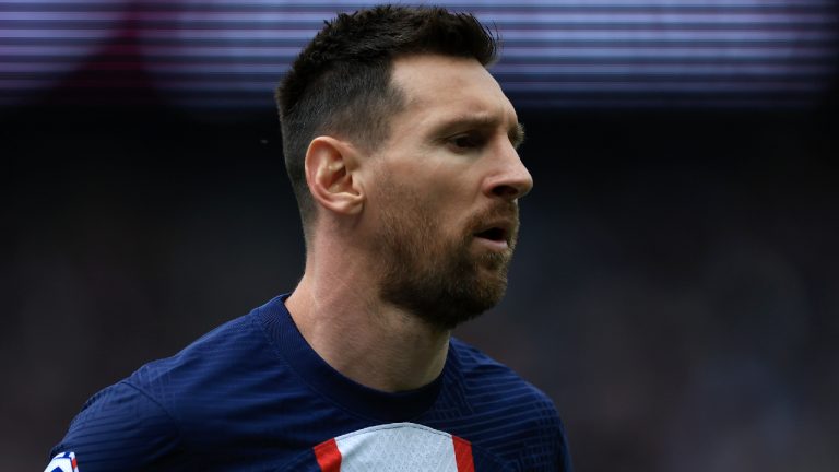 PSG's Lionel Messi reacts during the French League One soccer match between Paris Saint-Germain and Lorient, at the Parc des Princes stadium in Paris, Sunday, April 30, 2023. (Aurelien Morissard/AP)