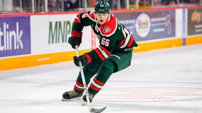 Halifax Mooseheads forward Zachary L'Heureux skates against the Gatineau Olympiques during a QMJHL game in Halifax, in a Dec.10, 2022 handout photo. Sitting on the Mooseheads' bench Sunday during a third-round playoff game, L'Heureux grimaced as he squeezed a bright yellow mustard bottle and took a swig. (CP Halifax Mooseheads/Trevor MacMillan)