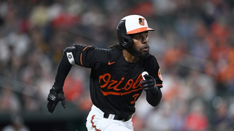 Baltimore Orioles' Cedric Mullins races to third on a triple against the Pittsburgh Pirates during the fifth inning of a baseball game Friday, May 12, 2023, in Baltimore. (Gail Burton/AP Photo)
