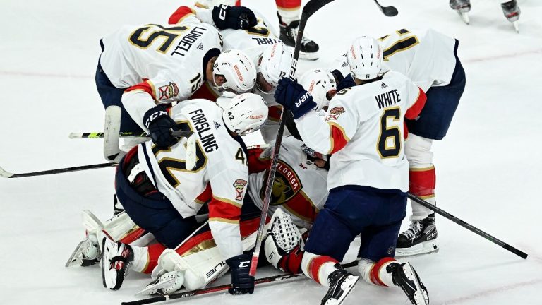 Sergei Bobrovsky #72 of the Florida Panthers celebrates with his teammates after defeating the Carolina Hurricanes in fourth overtime in Game One of the Eastern Conference Final of the 2023 Stanley Cup Playoffs at PNC Arena on May 19, 2023 in Raleigh, North Carolina. (Grant Halverson/Getty Images)