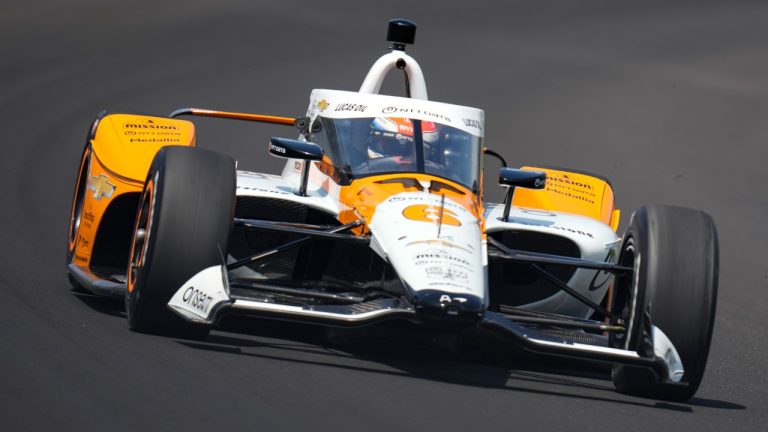 Felix Rosenqvist, of Sweden, drives through the first turn during qualifications for the Indianapolis 500 auto race at Indianapolis Motor Speedway in Indianapolis, Saturday, May 20, 2023. (Michael Conroy/AP)