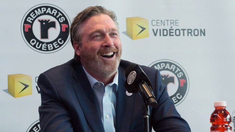 Hall of Fame goaltender Patrick Roy smiles as he announces his comeback with the Quebec Remparts of the QJMHL, Thursday, April 26, 2018 at the Videotron centre in Quebec City. Roy will be general manager and coach for the Remparts. (Jacques Boissinot/THE CANADIAN PRESS)